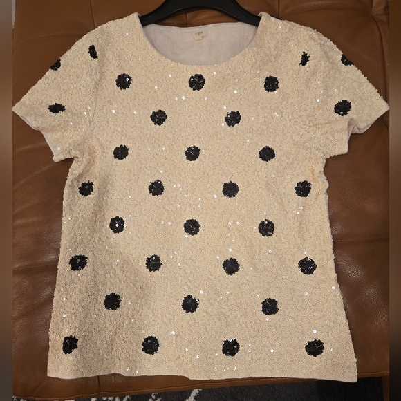 J. Crew Sequin Cream Sweater with Black Polka Dots Sz M - Picture 5 of 9